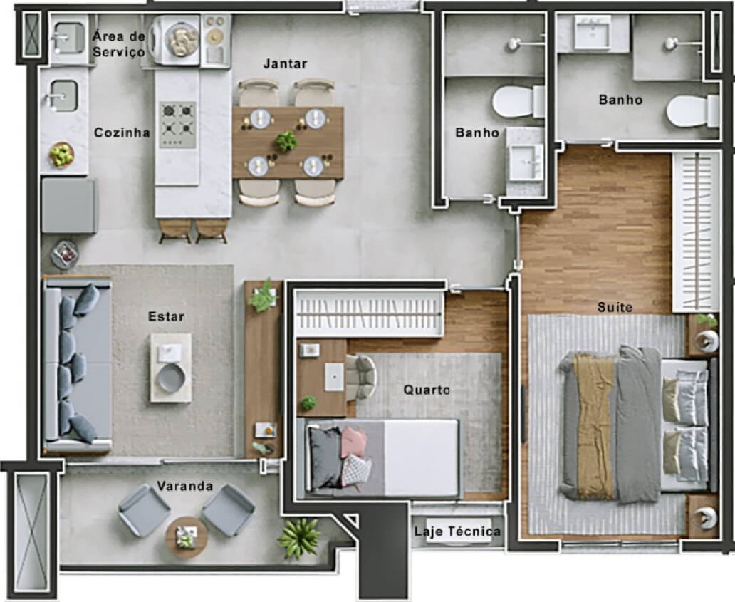 Planta de 2 quartos, 60 m²