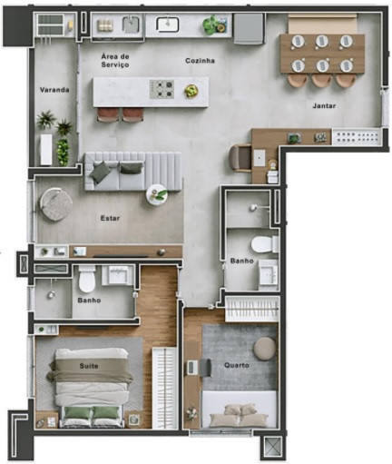 Planta de 2 quartos, 70 m²
