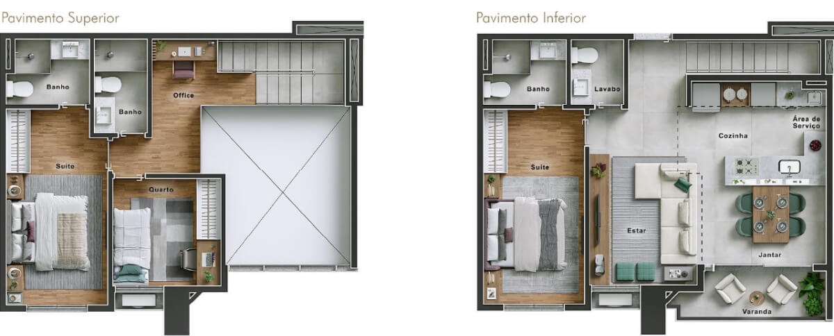 Planta de 2 suítes, 98 m²