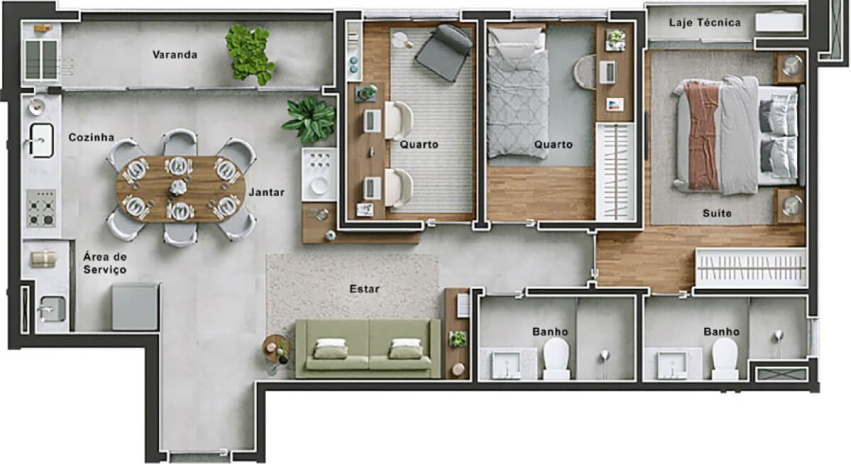 Planta de 3 quartos, 71 m²