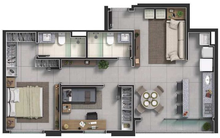 Planta de 2 quartos, 67 m²