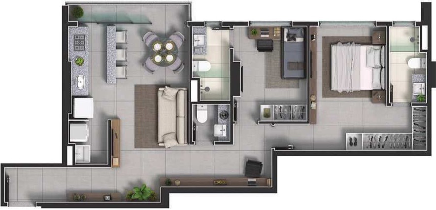 Planta de 2 suítes, 77 m²