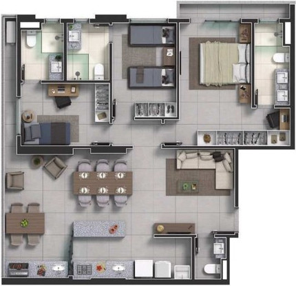 Planta de 3 suítes, 108 m²