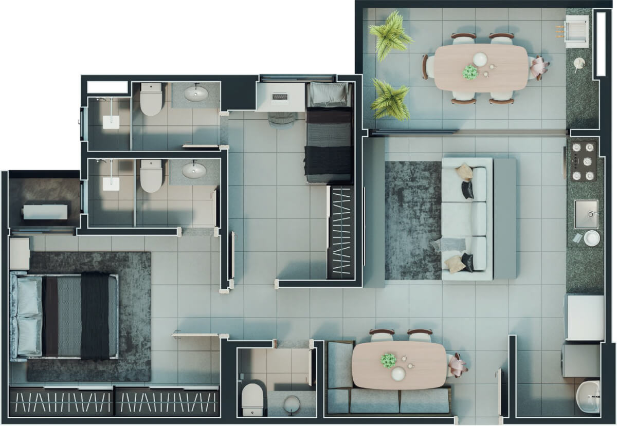 Planta de 2 suítes, 74 m²