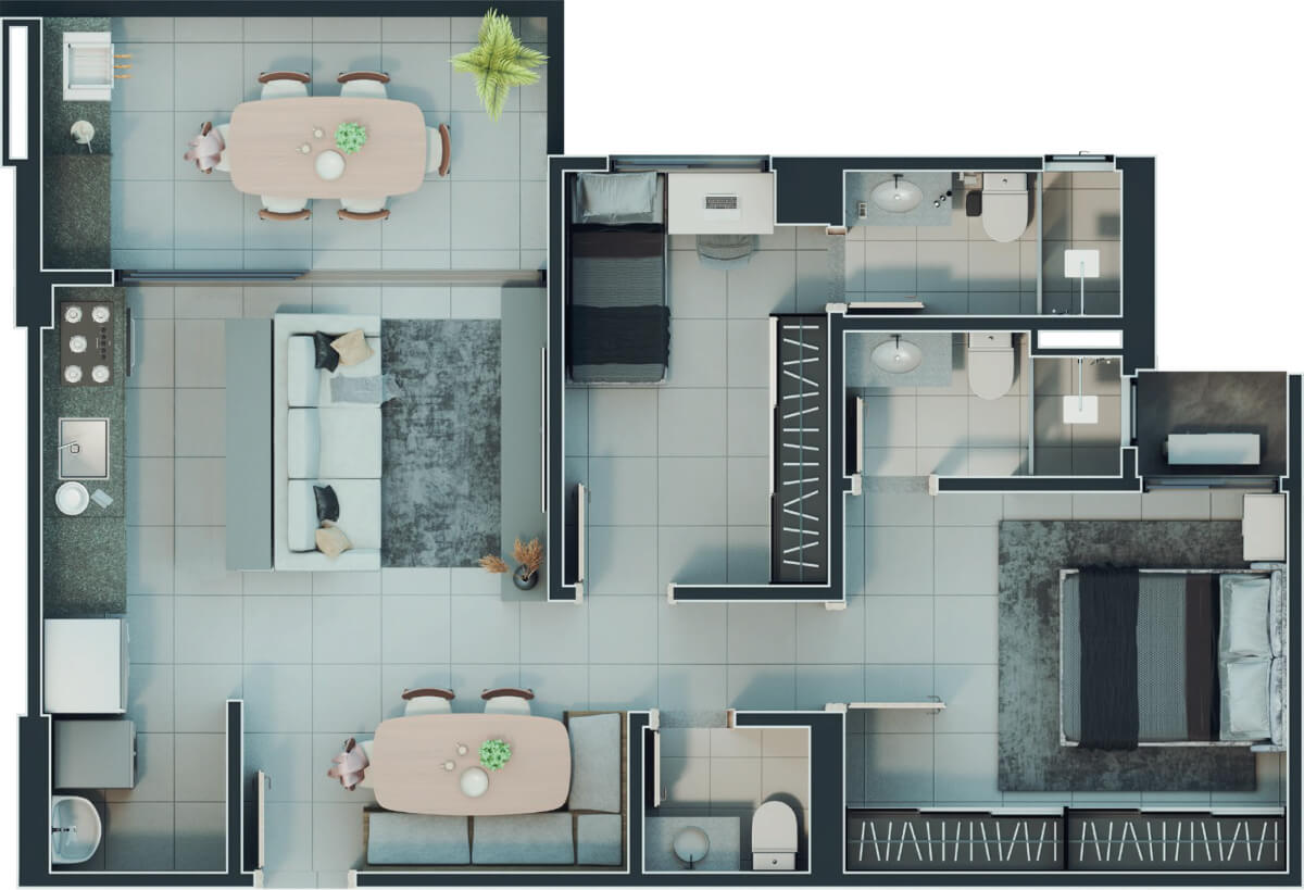 Planta de 2 suítes, 74 m²
