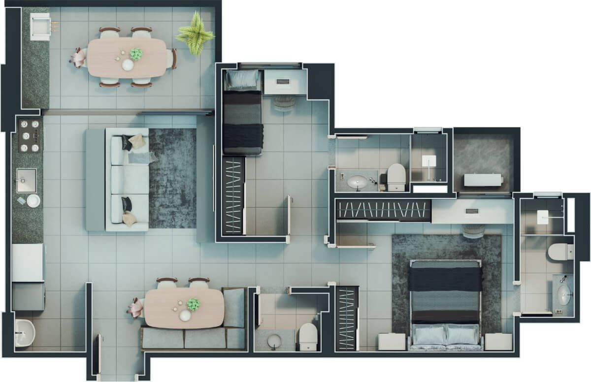 Planta de 2 suítes, 76 m²