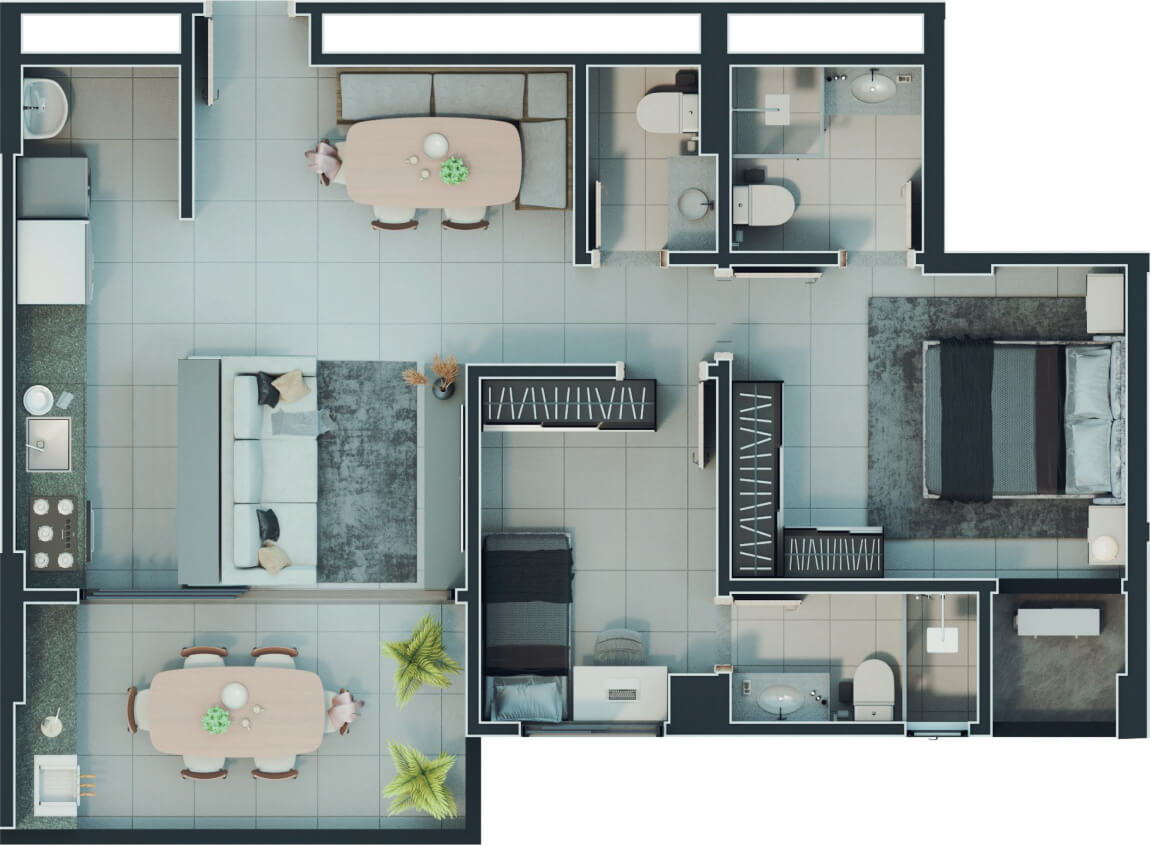 Planta de 2 suítes, 76 m²