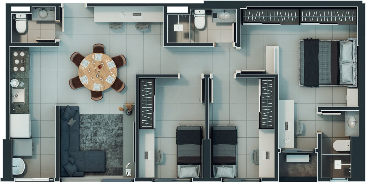 Planta de 3 quartos, 78 m²