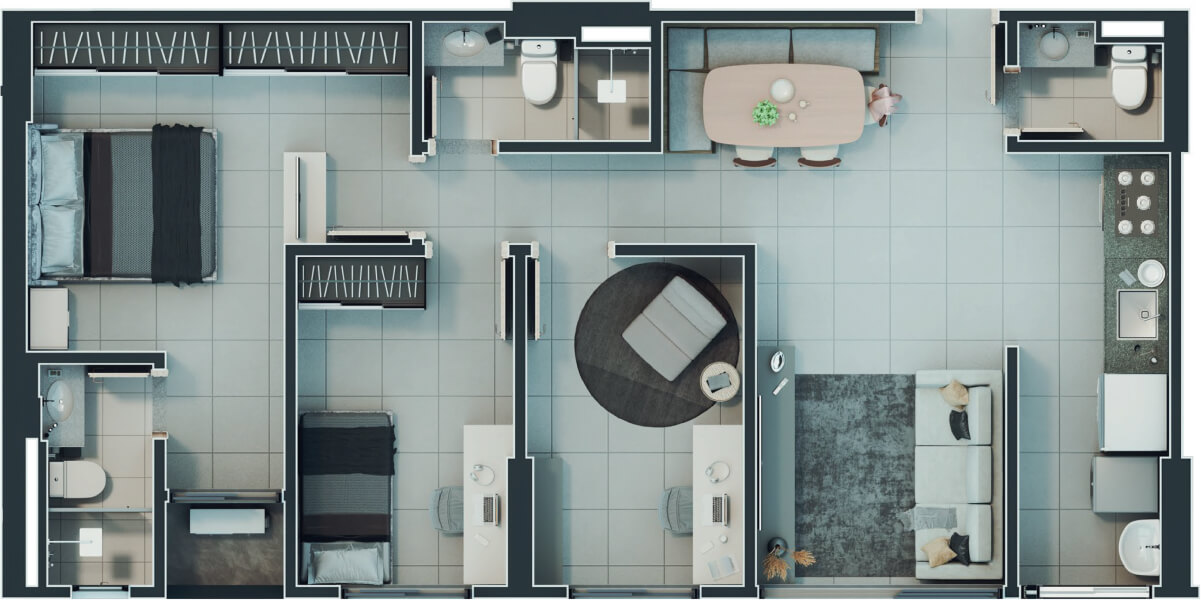 Planta de 3 quartos, 78 m²