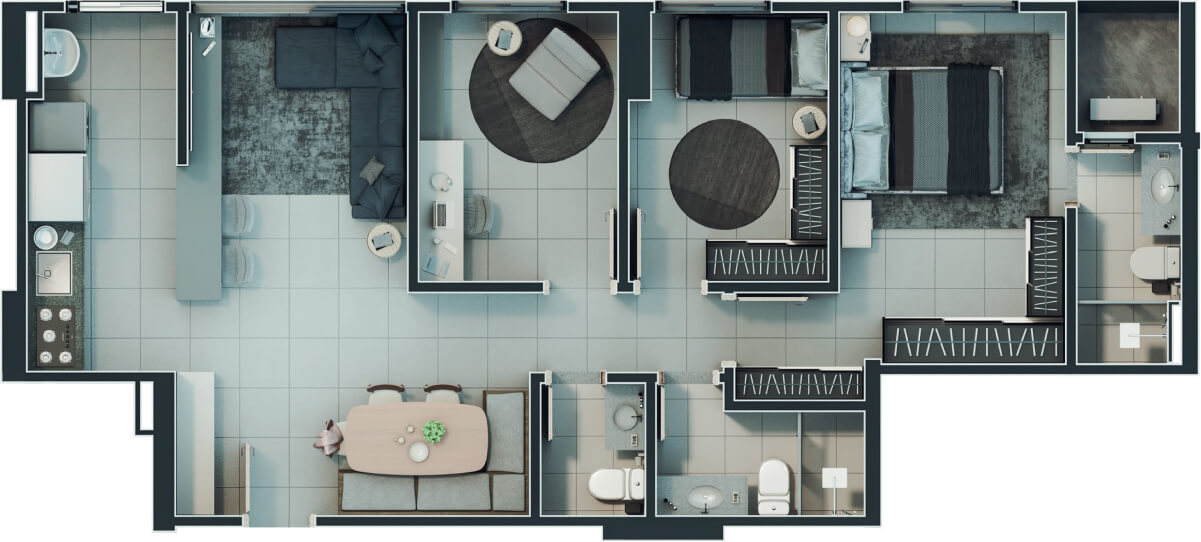 Planta de 3 quartos, 81 m²