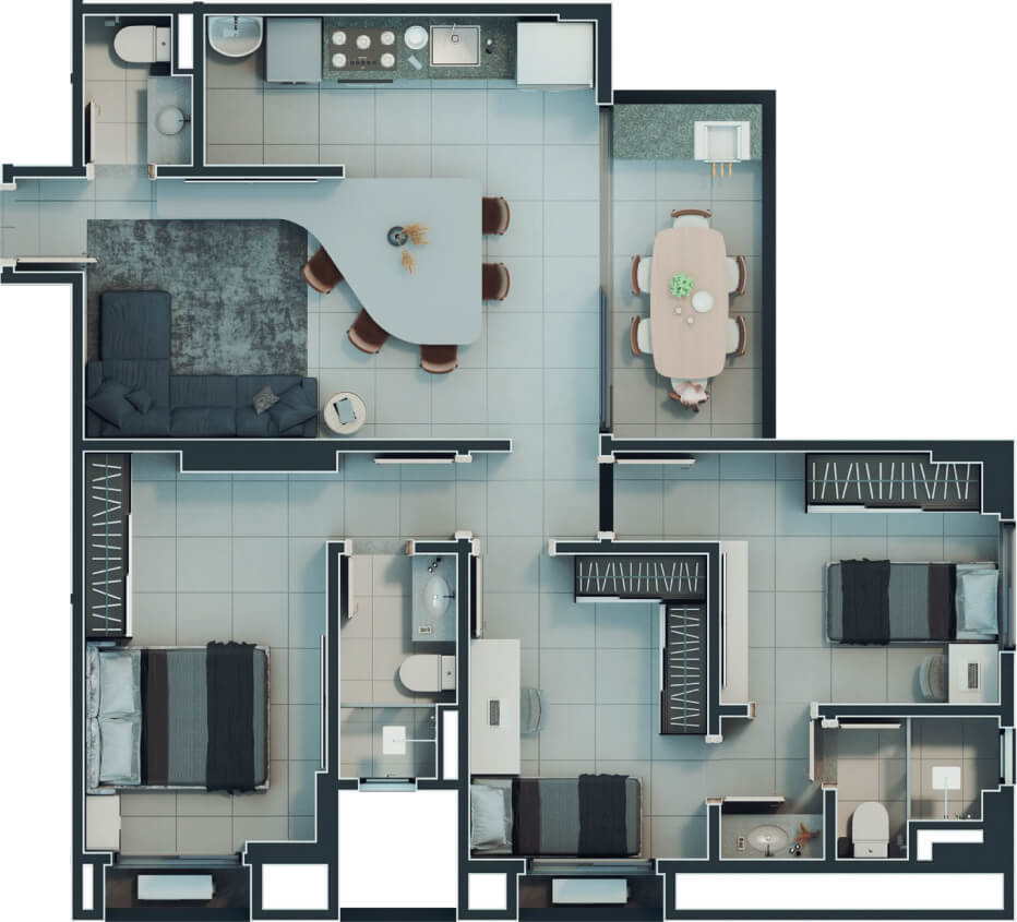 Planta de 3 suítes, 82 m²