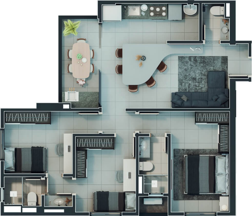 Planta de 3 suítes, 83 m²