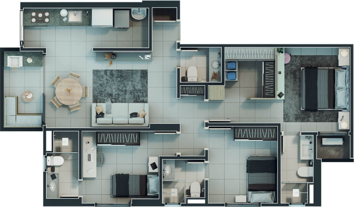 Planta de 3 suítes, 91 m²