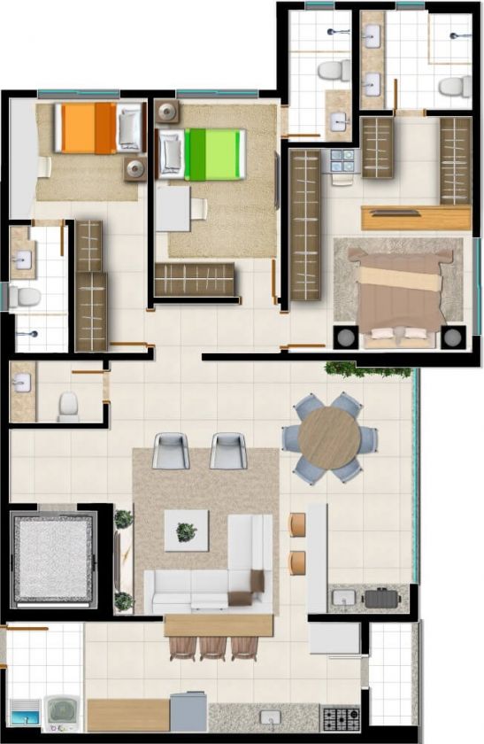 Planta de 3 suítes, 126 m²