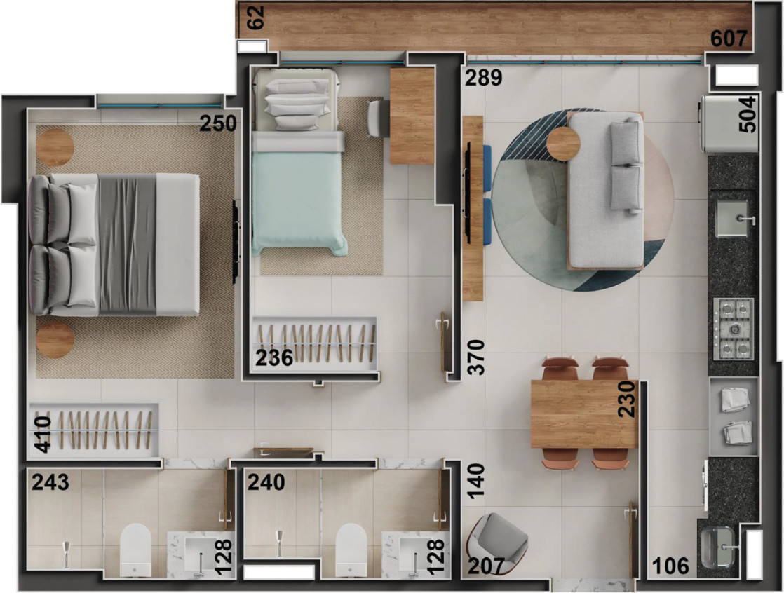 Planta de 2 quartos, 58 m²