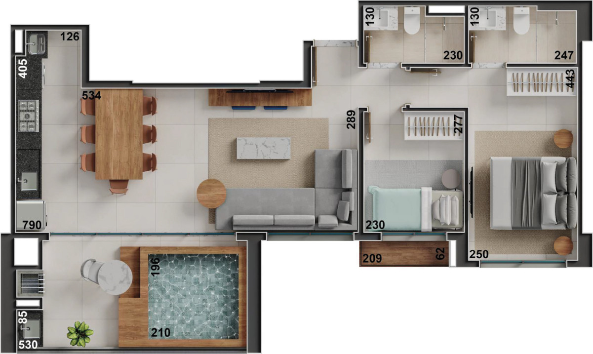 Planta de 2 quartos, 80 m²