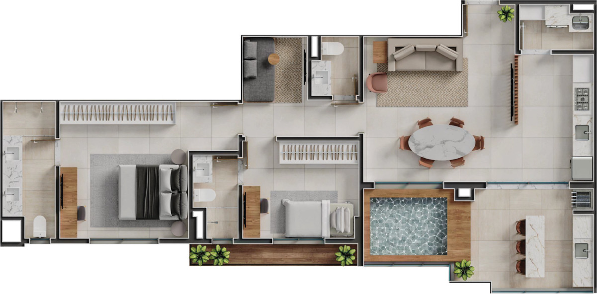 Planta de 2 suítes, 108 m²