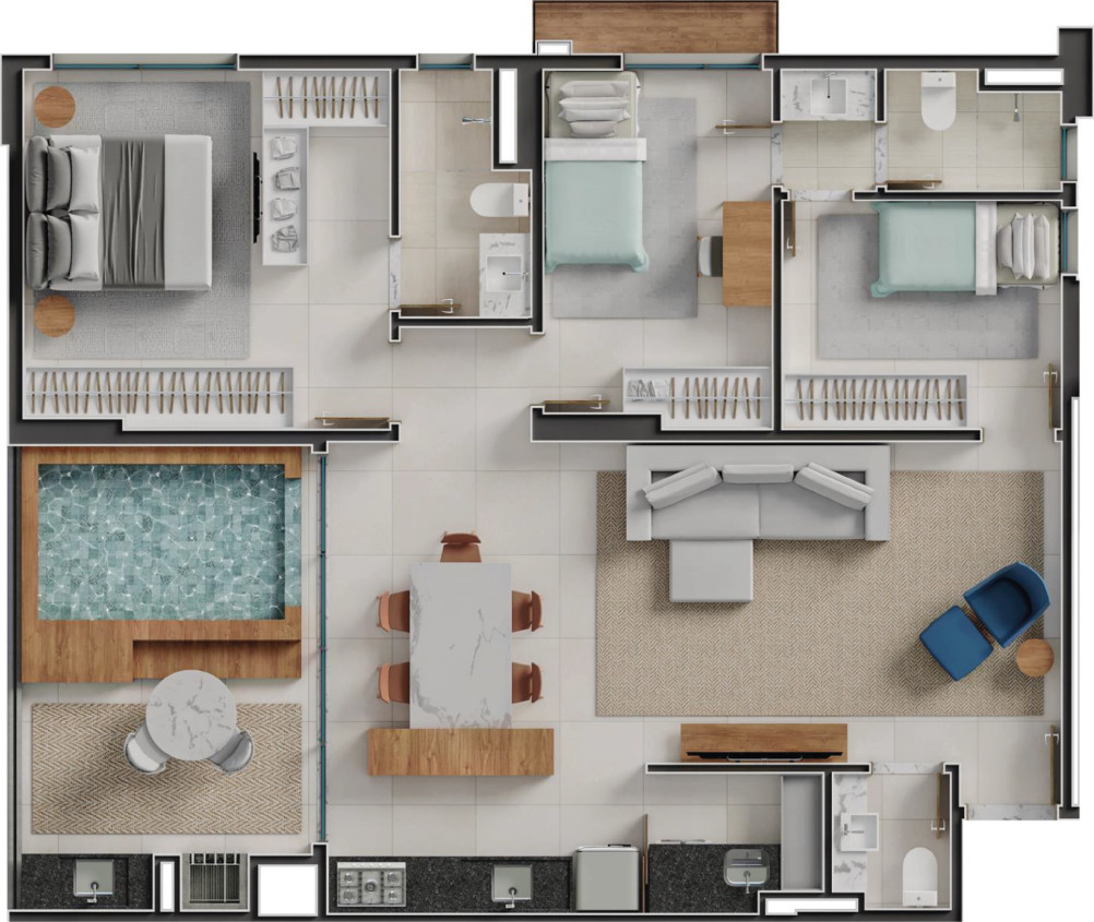 Planta de 3 suítes, 110 m²