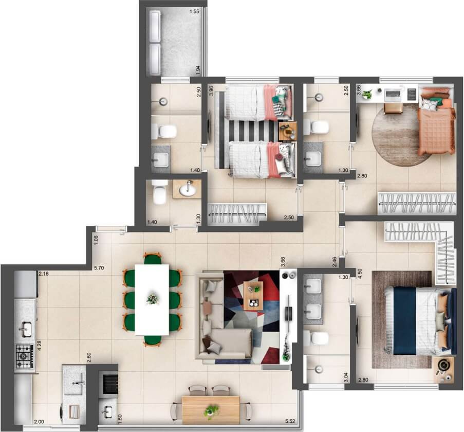 Planta de 3 suítes, 106 m²