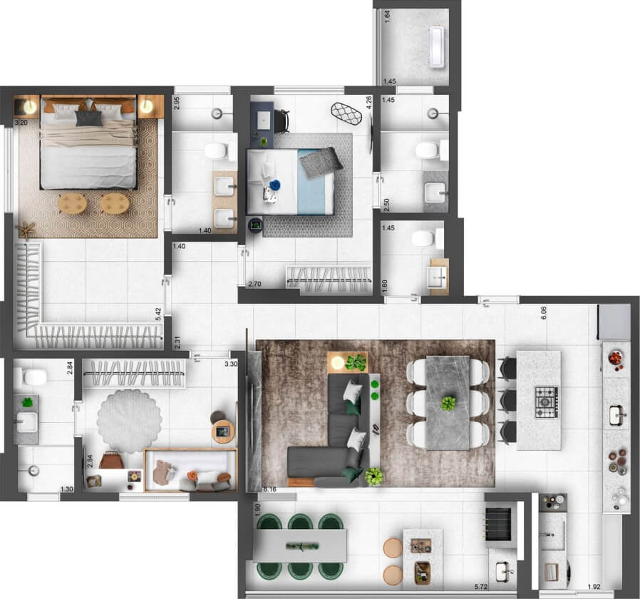 Planta de 3 suítes, 122 m²