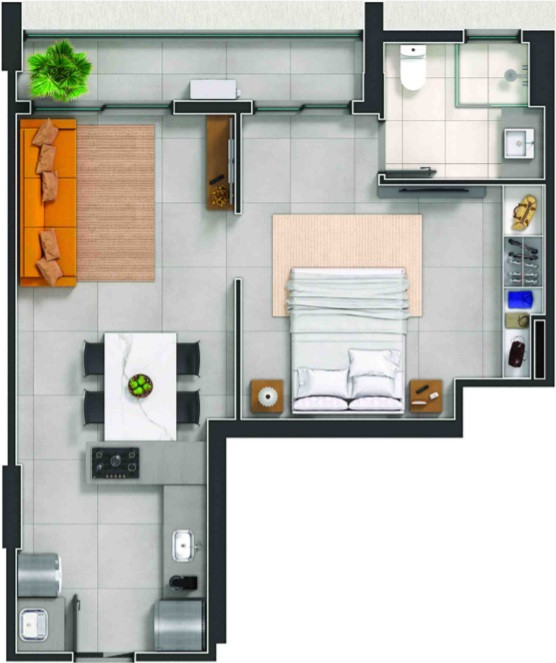 Planta de 1 quarto, 53 m²