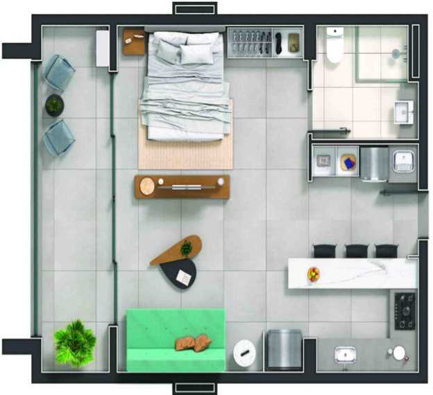 Planta de 1 quarto, 53 m²