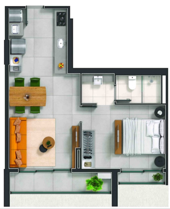 Planta de 1 quarto, 54 m²