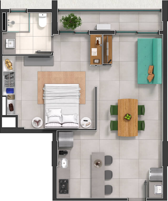 Planta de 1 quarto, 60 m²