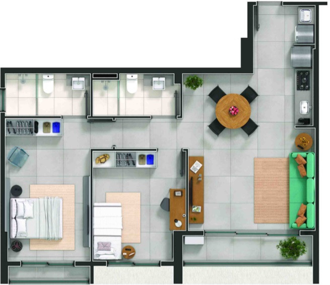 Planta de 2 quartos, 77 m²