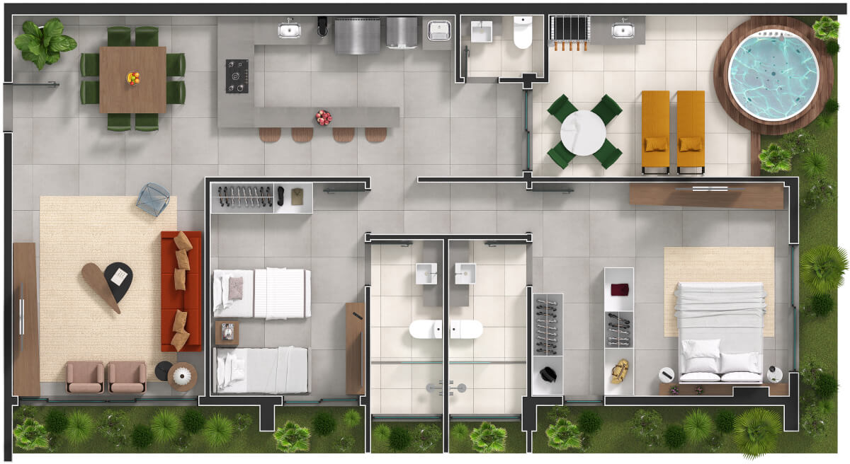 Planta de 2 suítes, 145 m²