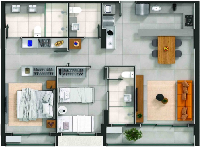 Planta de 2 suítes, 85 m²