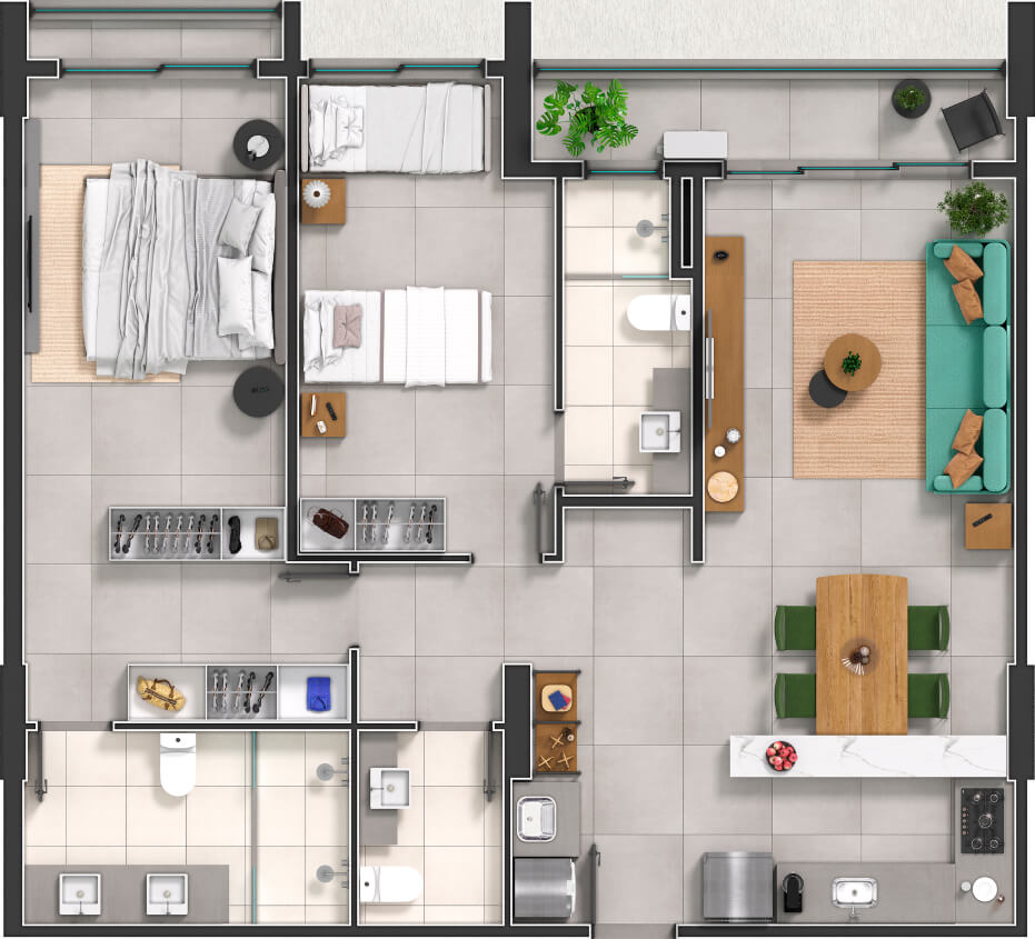 Planta de 2 suítes, 93 m²