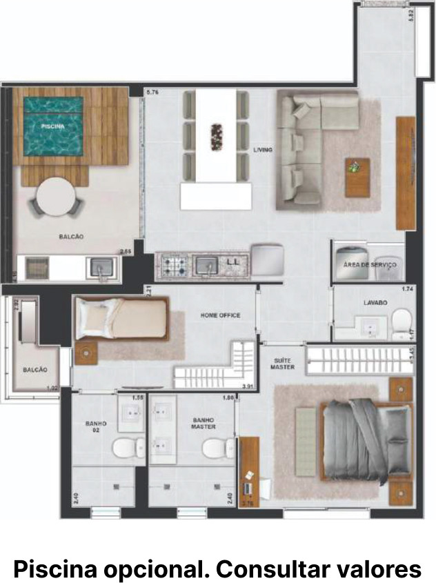Planta de 2 suítes, 83 m²