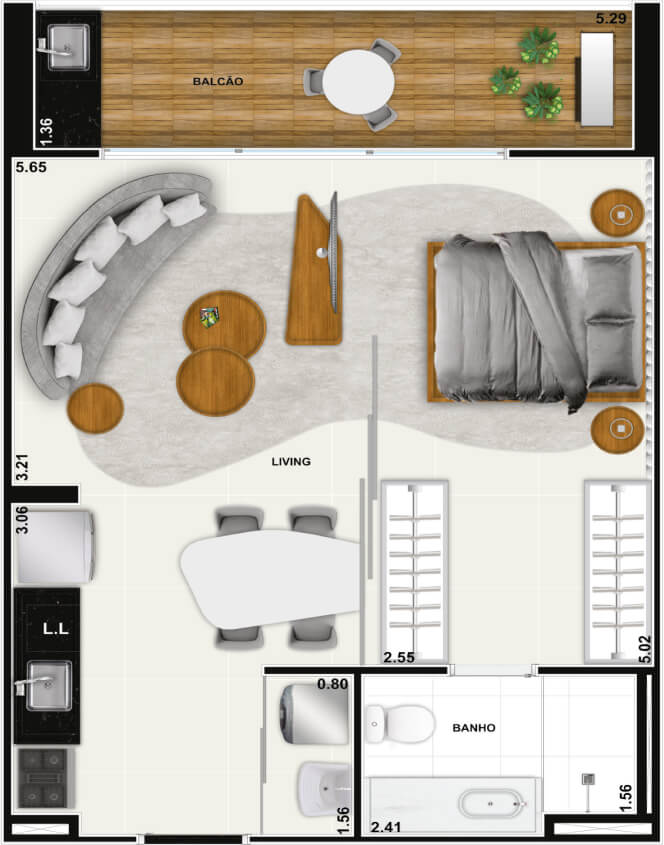 Planta de 1 quarto, 51 m²