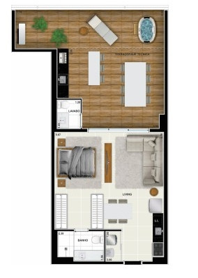 Planta de 1 quarto, 86 m²
