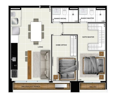 Planta de 2 quartos, 71 m²