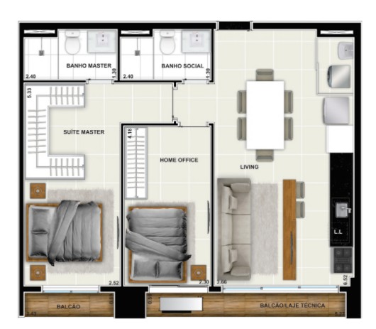 Planta de 2 quartos, 75 m²