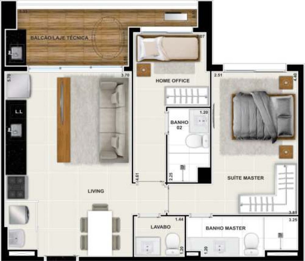 Planta de 2 suítes, 67 m²