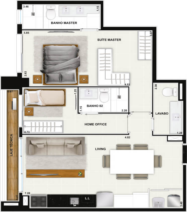 Planta de 2 suítes, 72 m²
