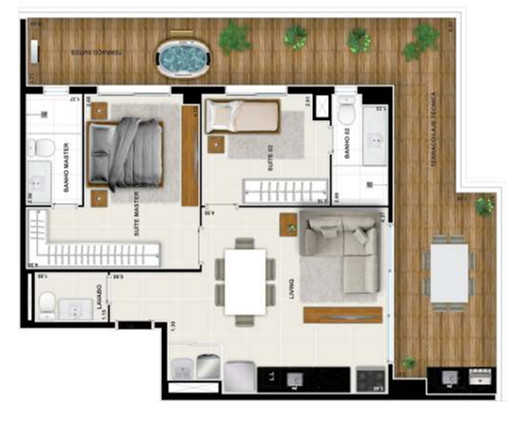 Planta de 2 suítes, 100 m²