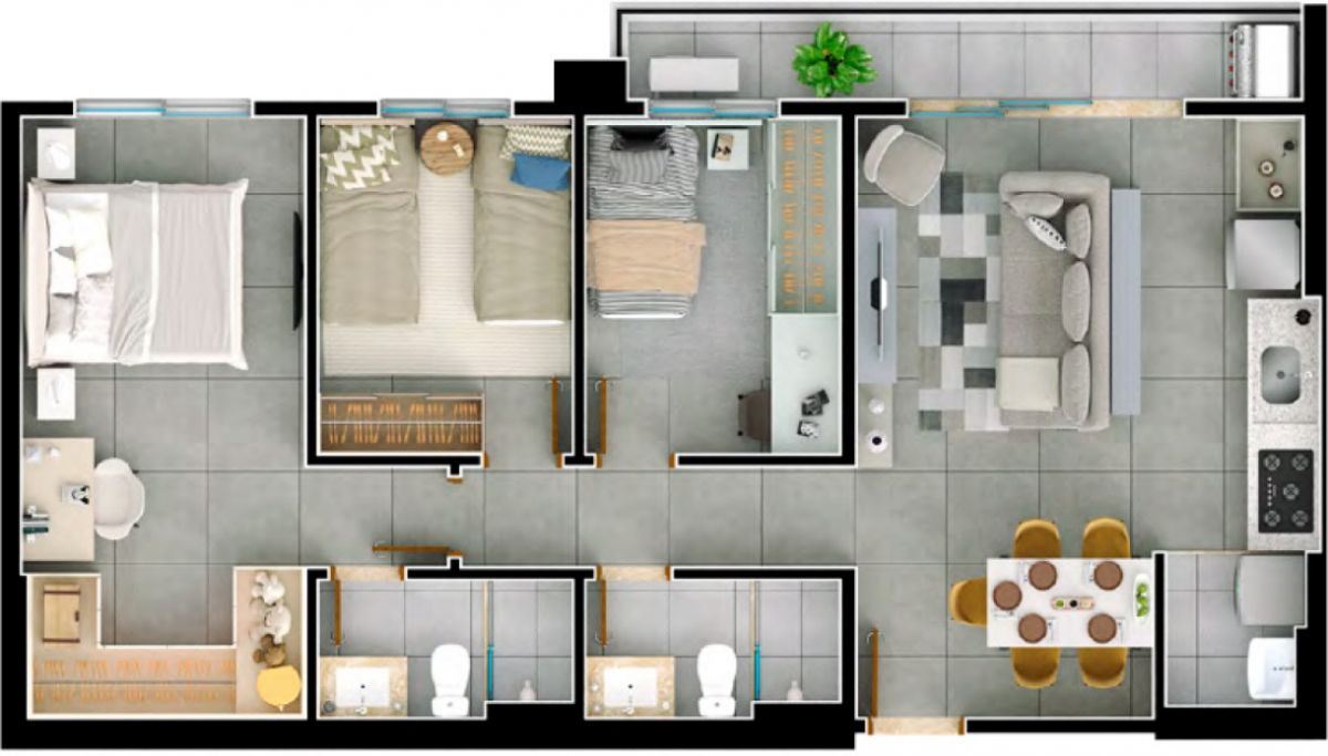 Planta de 3 quartos, 75 m²