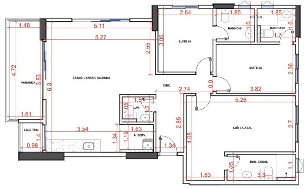 Planta de 3 suítes, 105 m²