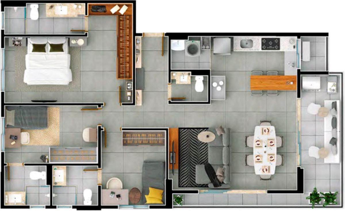 Planta de 3 suítes, 109 m²
