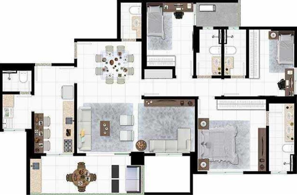 Planta de 3 suítes, 133 m²