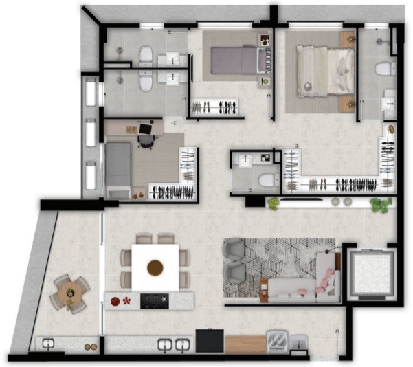 Planta de 3 suítes, 121 m²