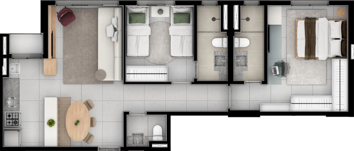 Planta de 2 suítes, 71 m²