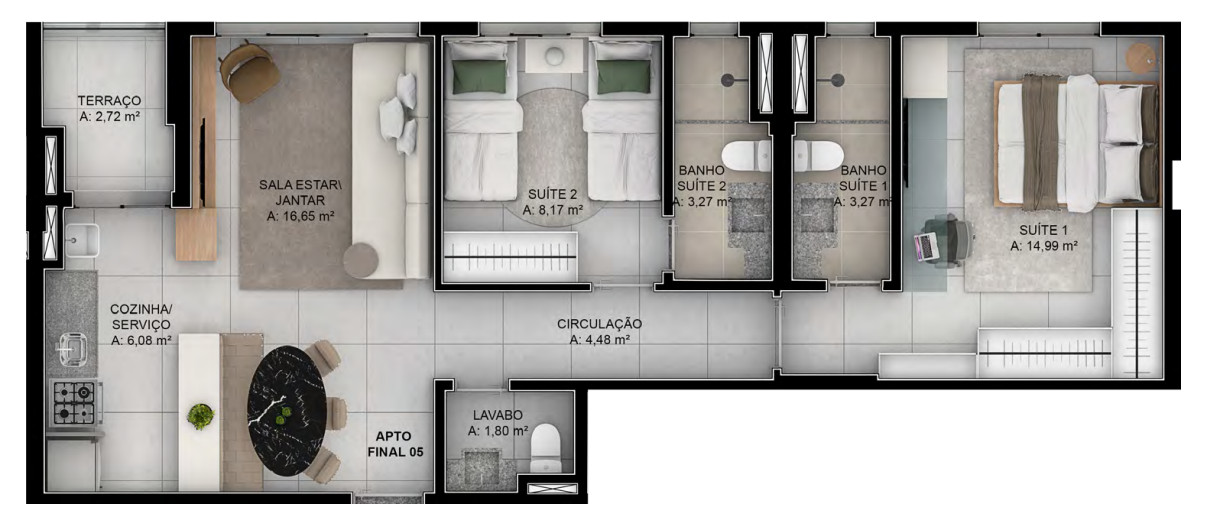 Planta de 2 suítes, 77 m²