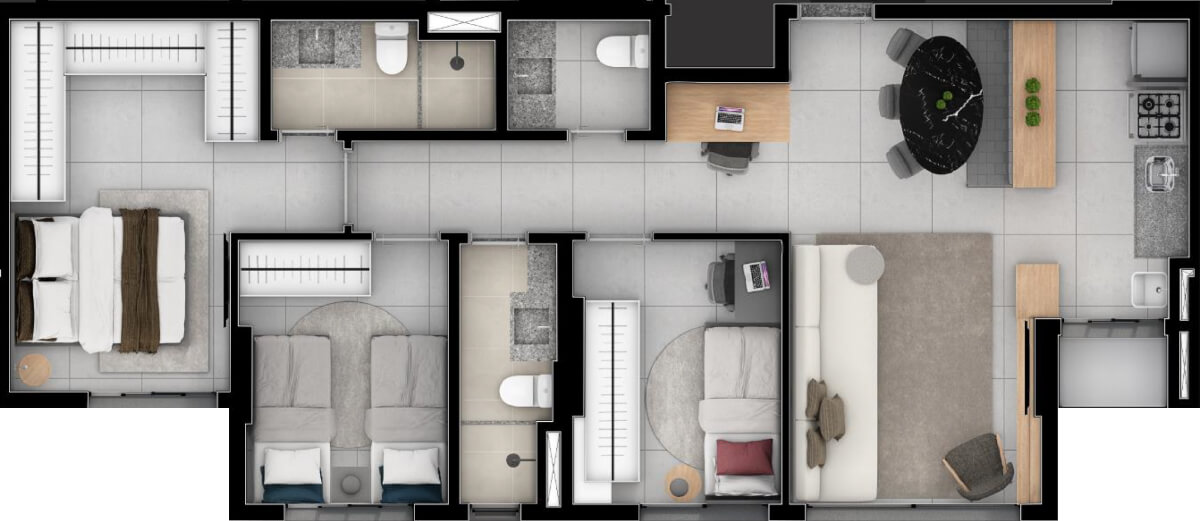 Planta de 3 quartos, 77 m²