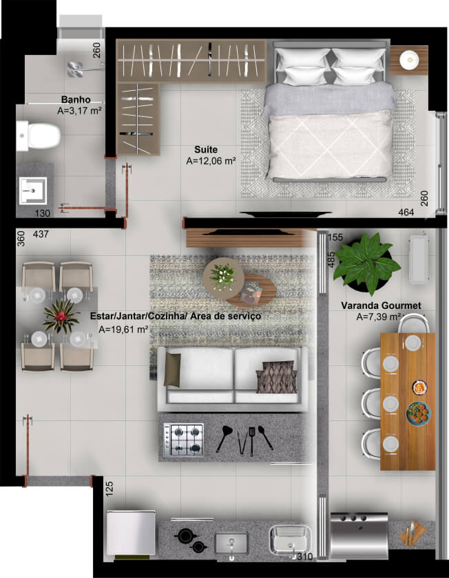 Planta de 1 quarto, 49 m²