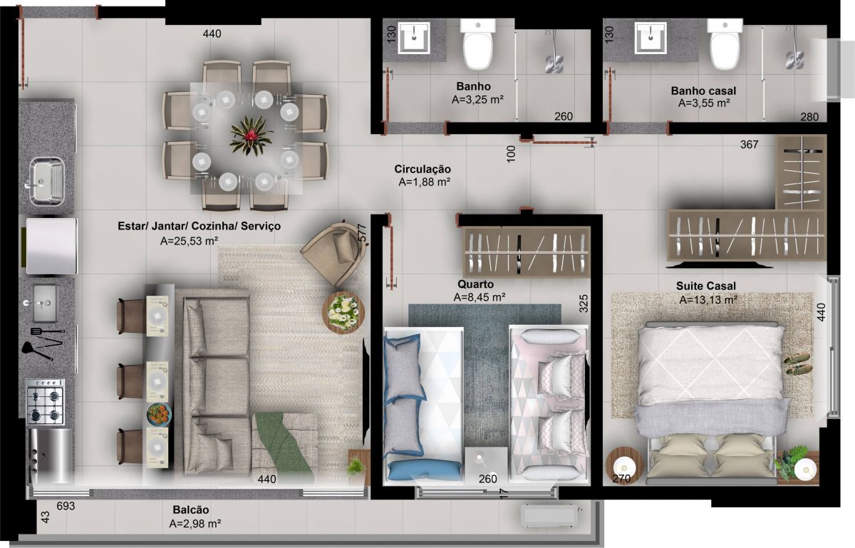Planta de 2 quartos, 67 m²